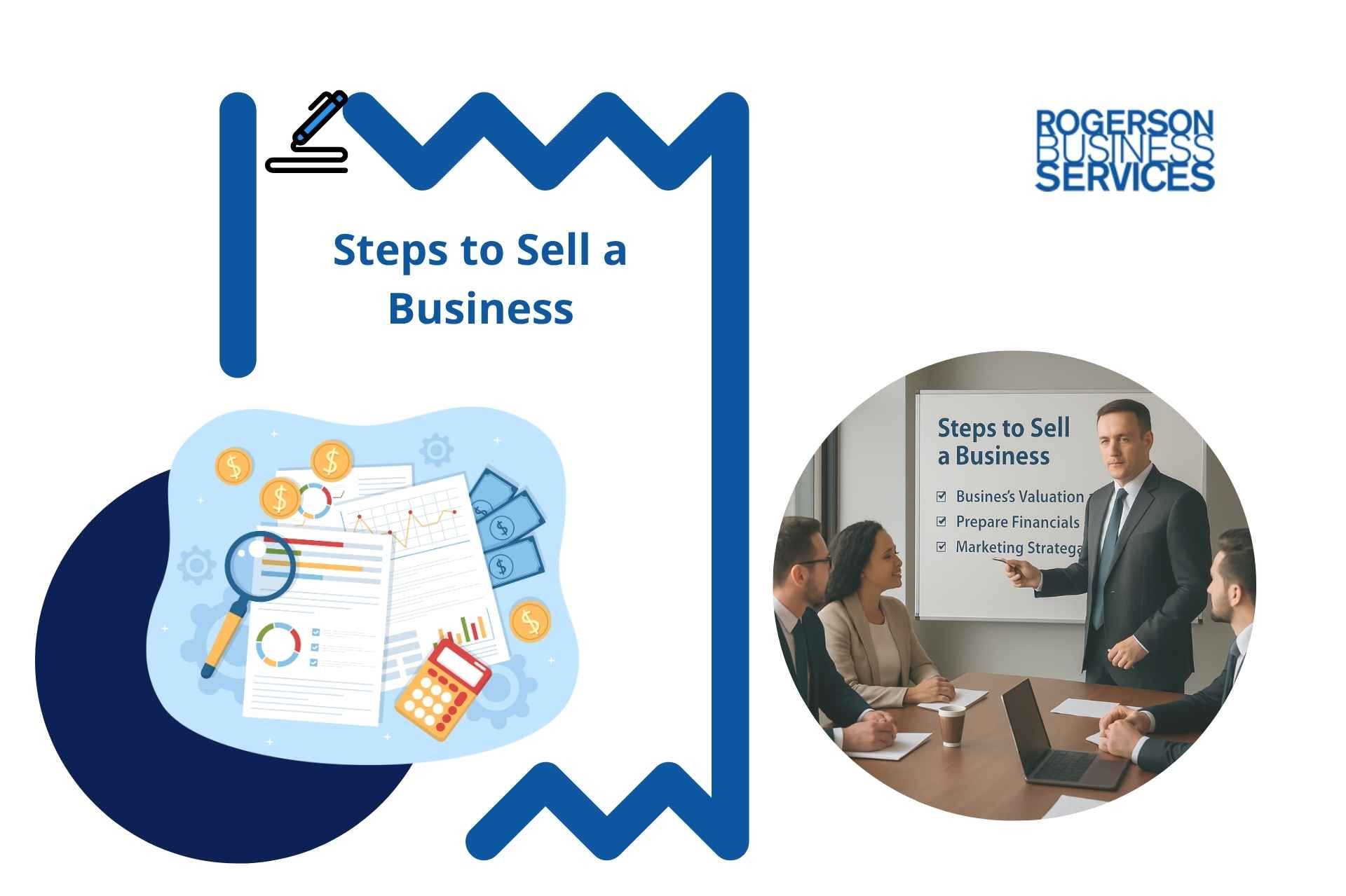 Rogerson Business Services infographic showing a stylized checklist icon and a professional meeting about selling business.