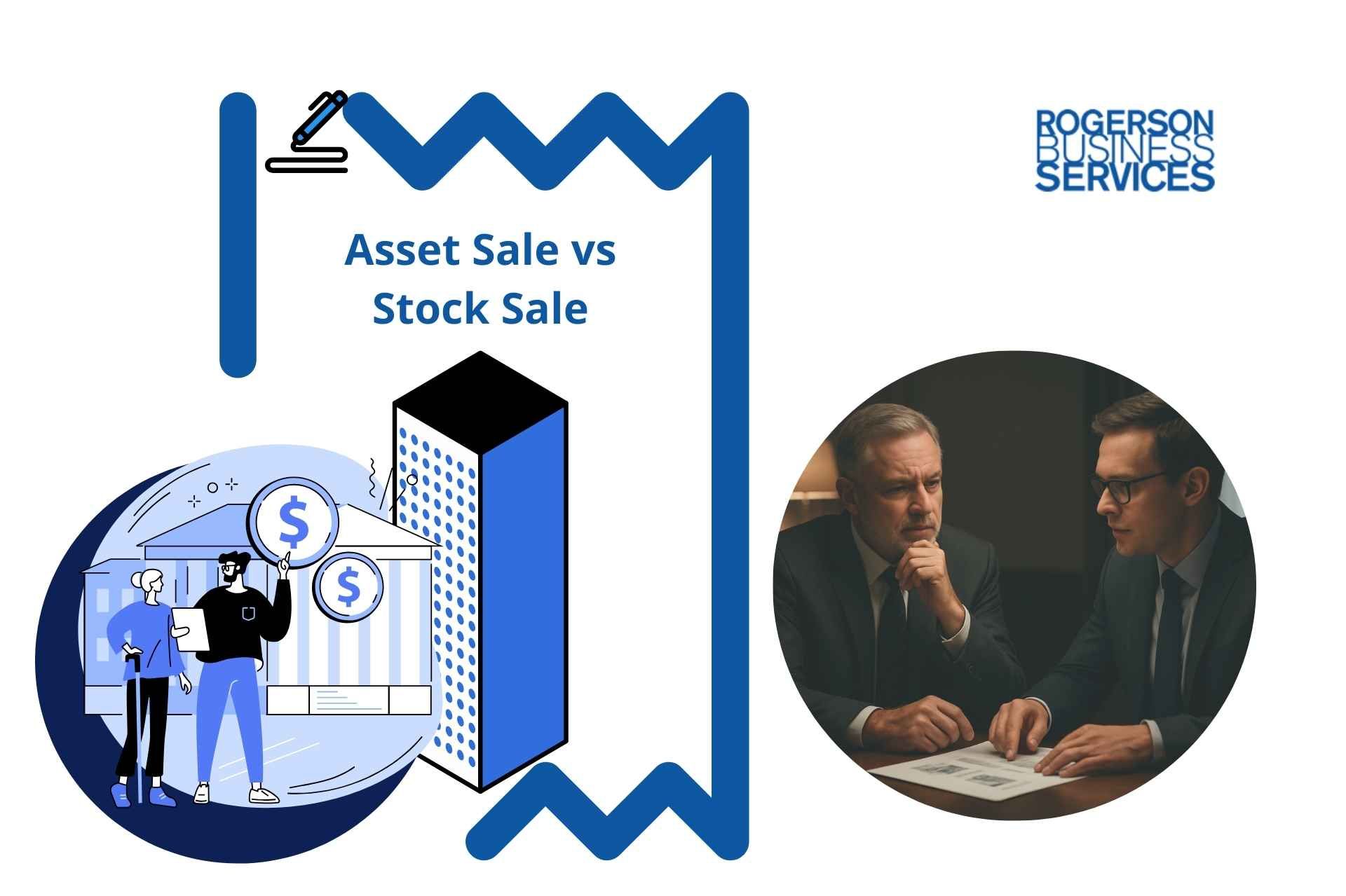 Graphic comparing asset sale vs. stock sale. Includes illustration, two businessmen, and Rogerson  Services 