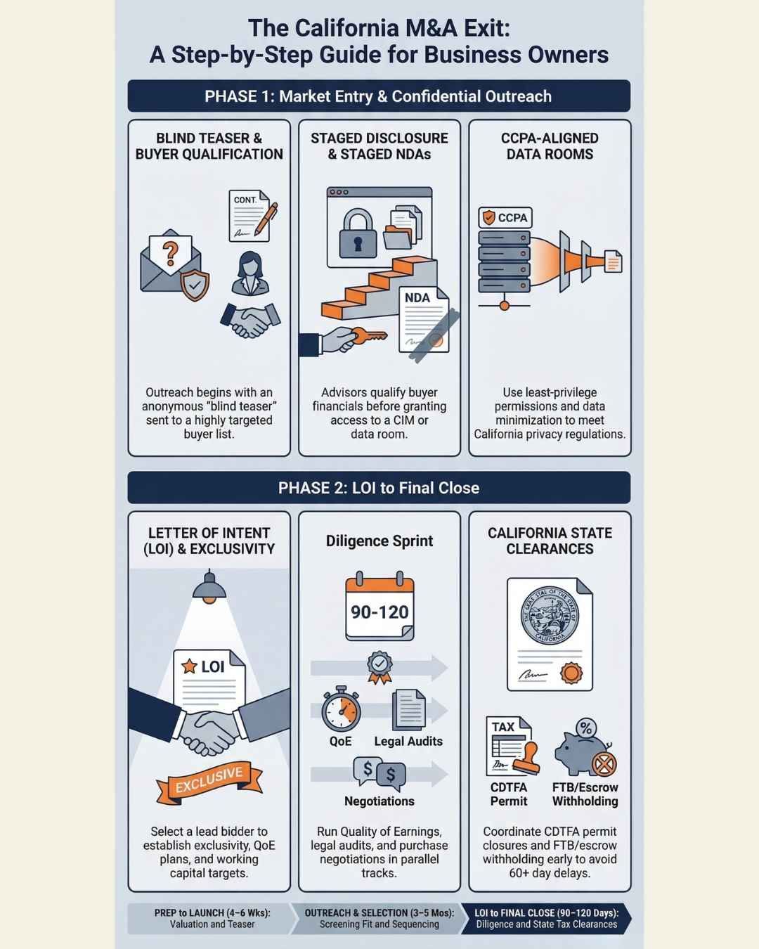 Infographic: California M&A exit steps, split into phases with titles, icons, and short descriptions.