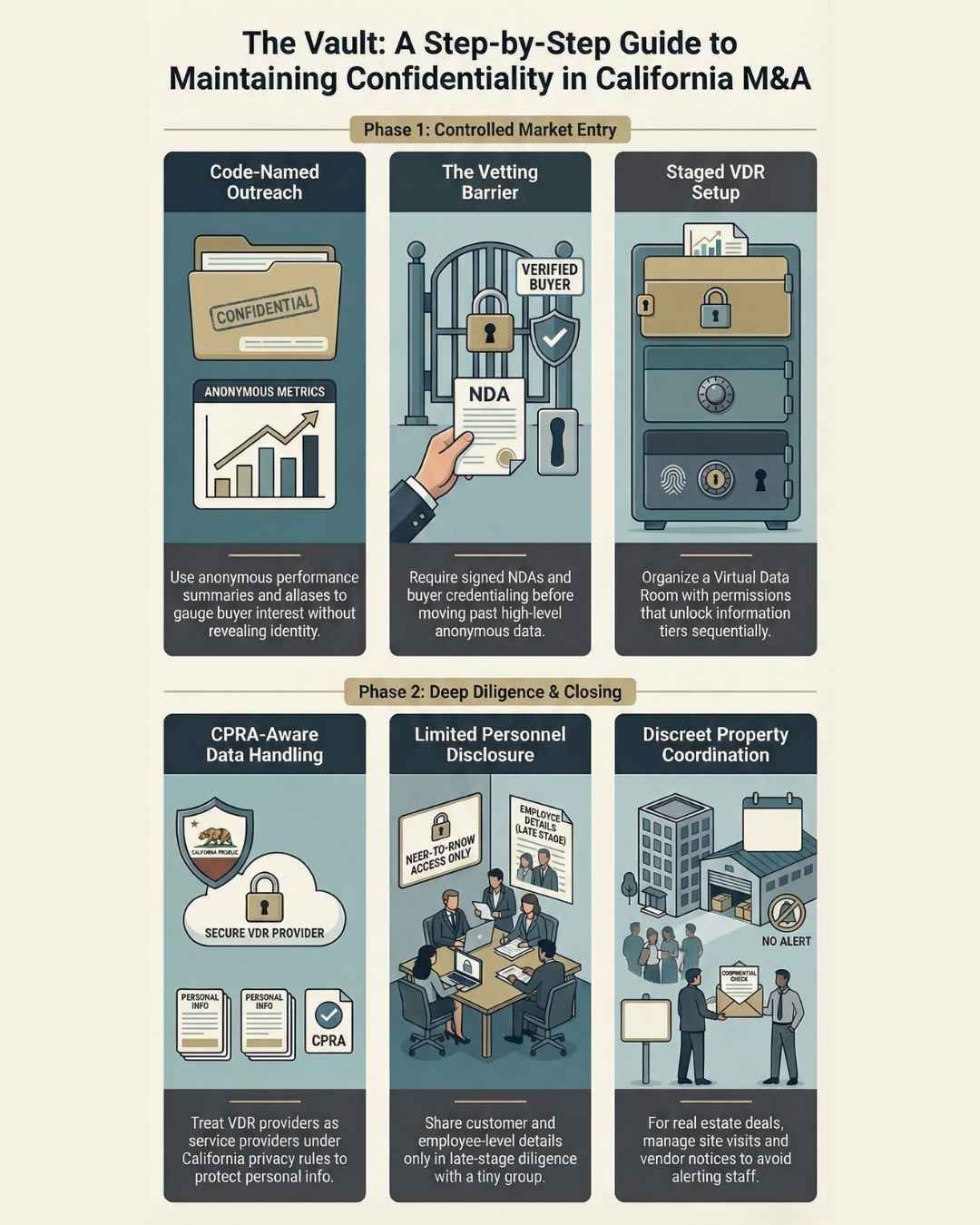 Infographic: Step-by-step guide to maintaining confidentiality in California M&A, showing six stages with illustrations.