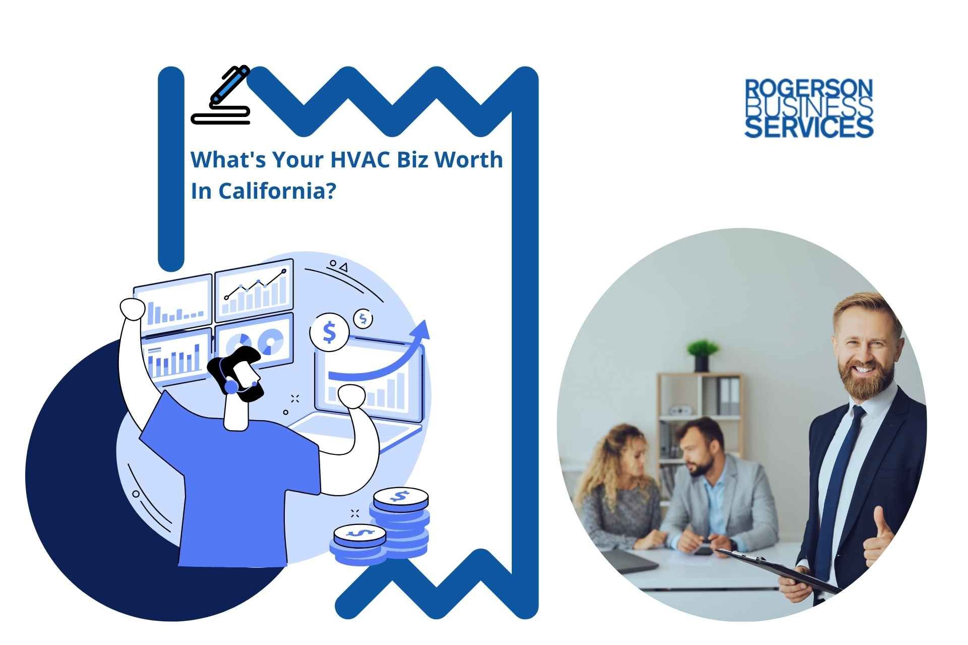 Infographic on HVAC business valuation in California, with business people and financial charts.