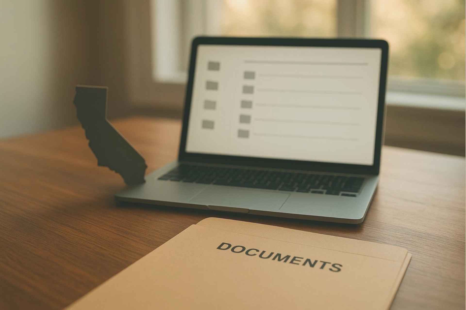 Laptop beside “DOCUMENTS” folder on a wooden desk, with a dark paper cutout figure in front of it.