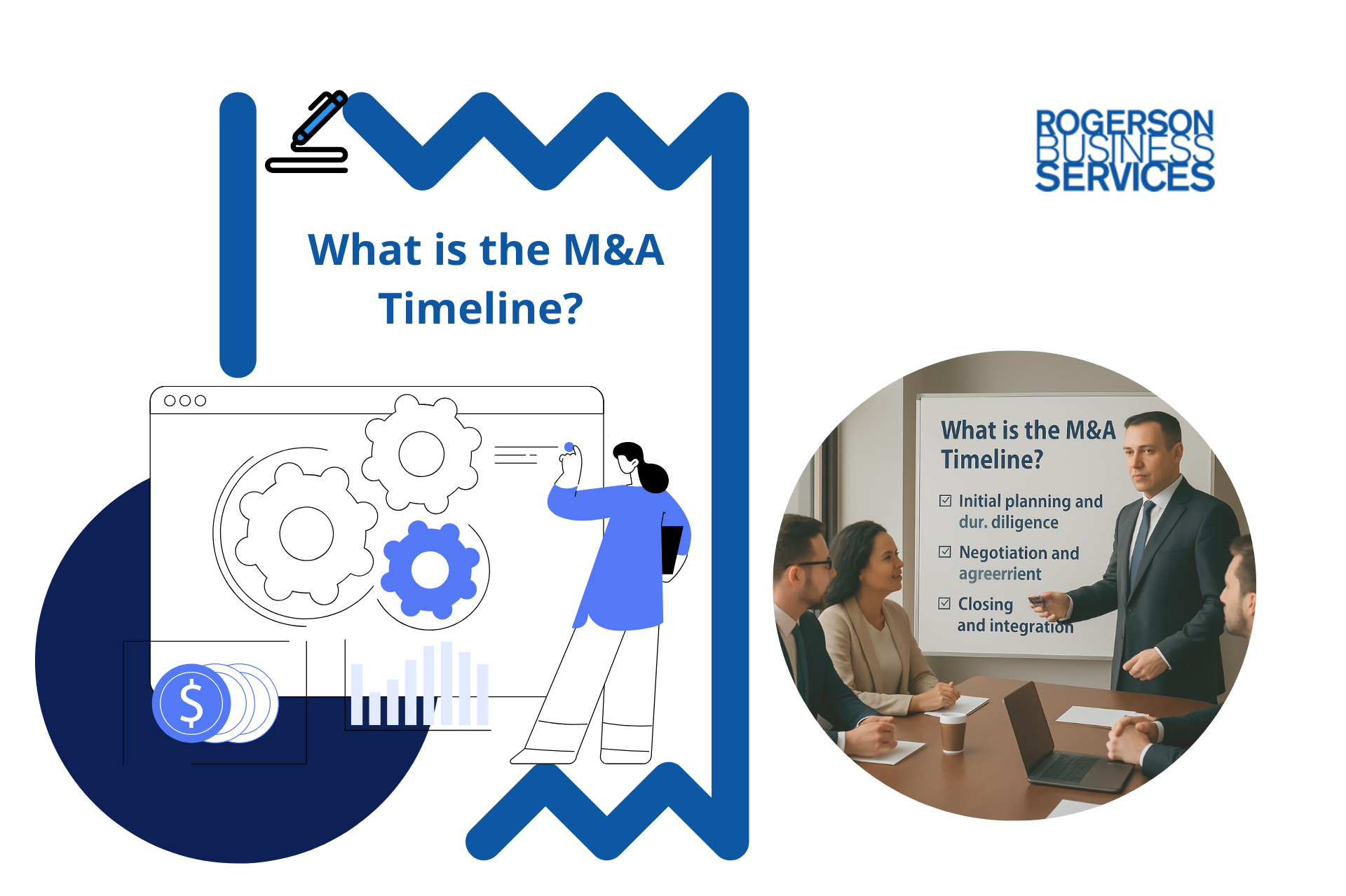 A split graphic: a stylized illustration of business planning next to a photo of professionals in a meeting.