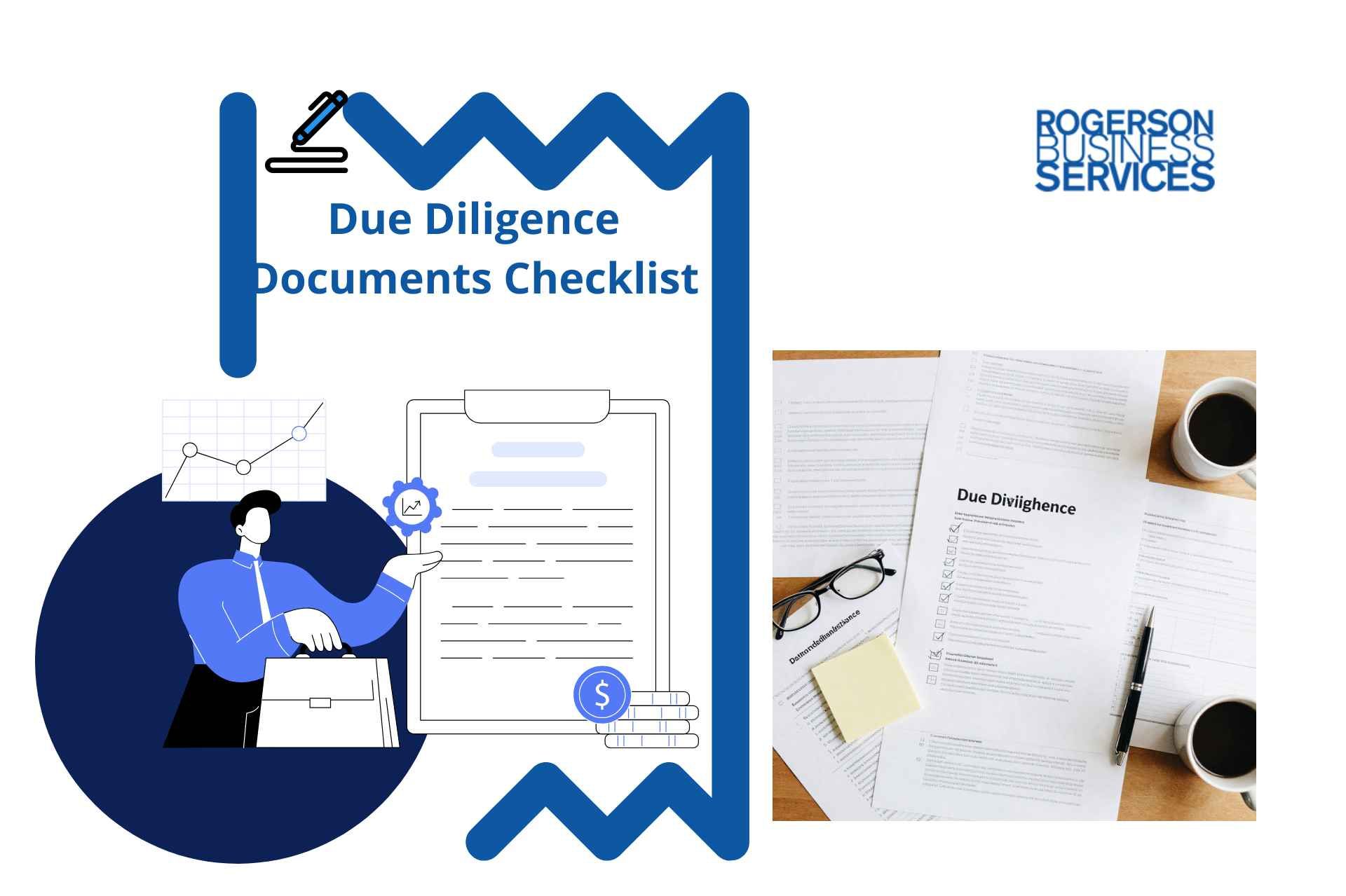 Due Diligence Documents Checklist graphic with blue illustration and office paperwork on desk