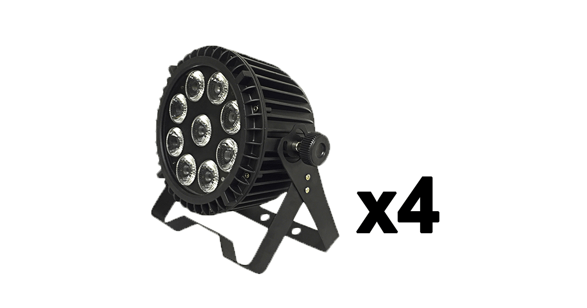 Vier zwarte LED-podiumlampen met bijbehorende vloerstatieven.