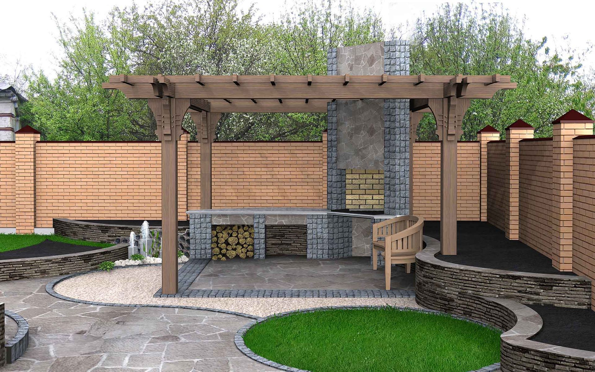 Outdoor kitchen under a wooden pergola with stone and brick features, lawn, and a wooden fence.