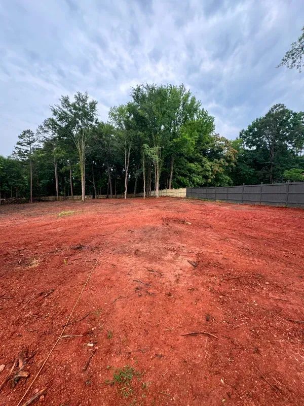 A large empty field with a fence and trees in the background.