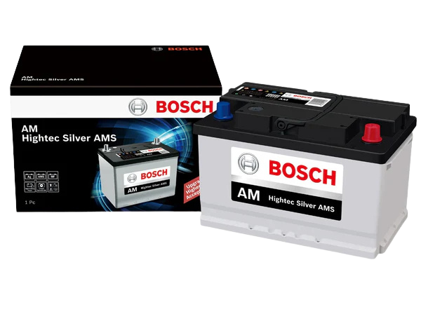 Batería de coche Bosch AM Hightec Silver AMS junto a su caja negra con el nombre de la marca y sus detalles.