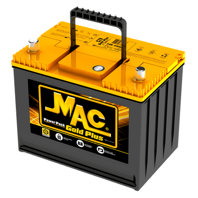 Batería de coche MAC Gold Plus de color amarillo y negro con asa de transporte.