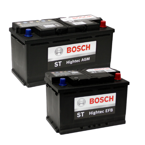 Dos baterías de coche Bosch negras; una AGM y otra EFB, con terminales rojo y azul.