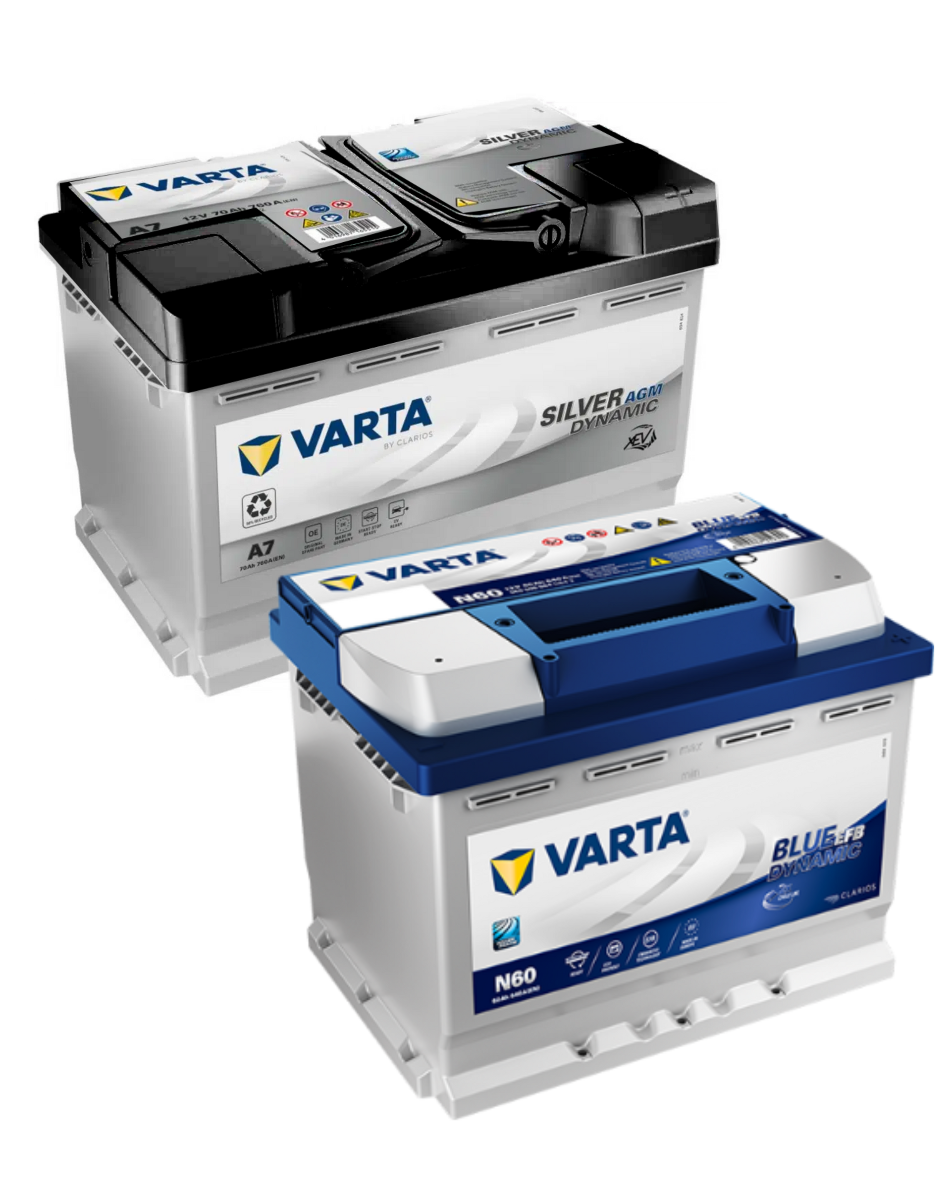 Dos baterías de coche Varta: plata/negra y plata/azul con logotipos.