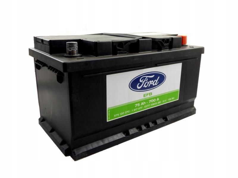 Batería para coche Ford, forma rectangular de color negro, con el logotipo de Ford en la etiqueta frontal.