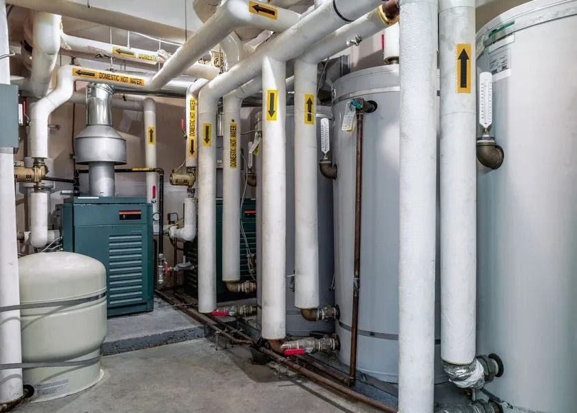 Plumbing and heating equipment in a utility room, including white pipes with direction arrows and tall white tanks. A blue furnace is also visible.