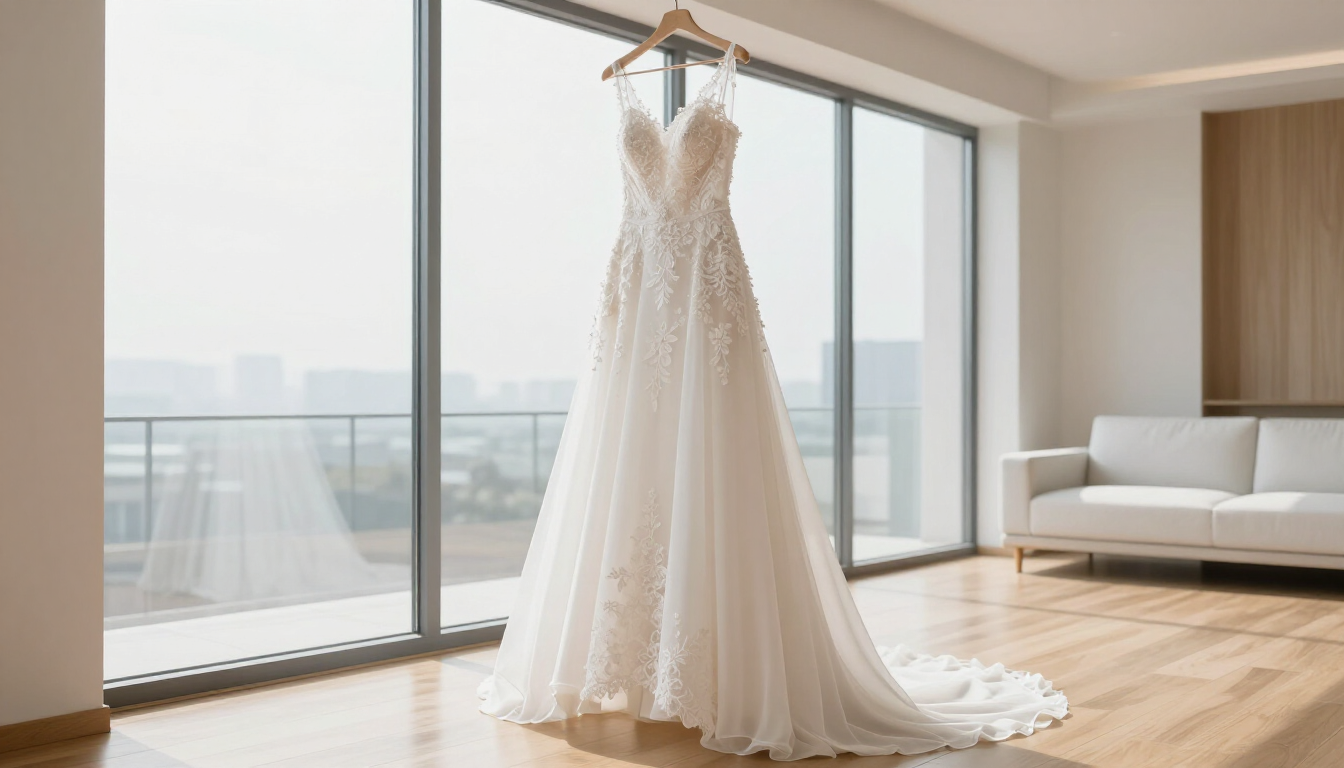 Prachtige schone trouwjurk in een lichte kamer