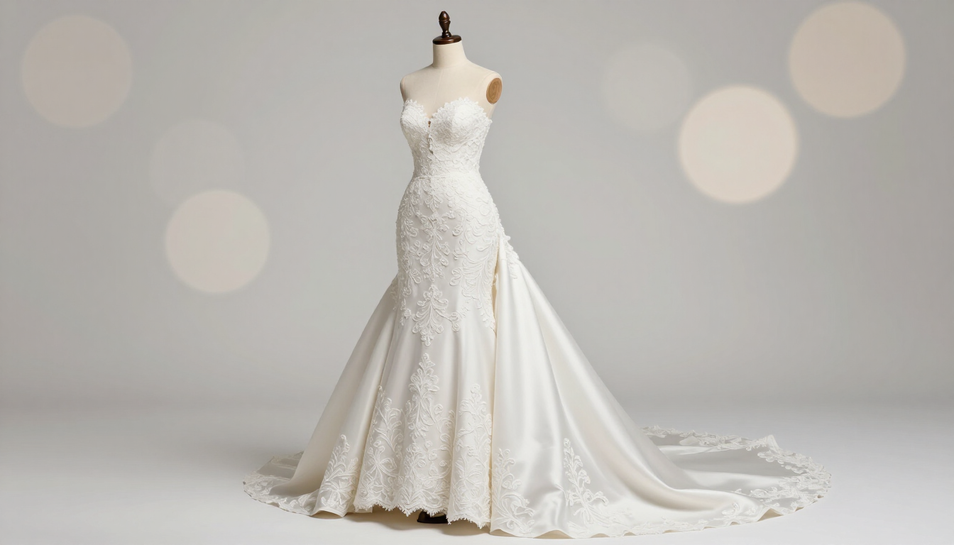 Een prachtig gereinigde trouwjurk hangend in een lichte kamer.