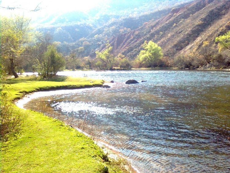 A river with mountains in the background and a grassy shoreline