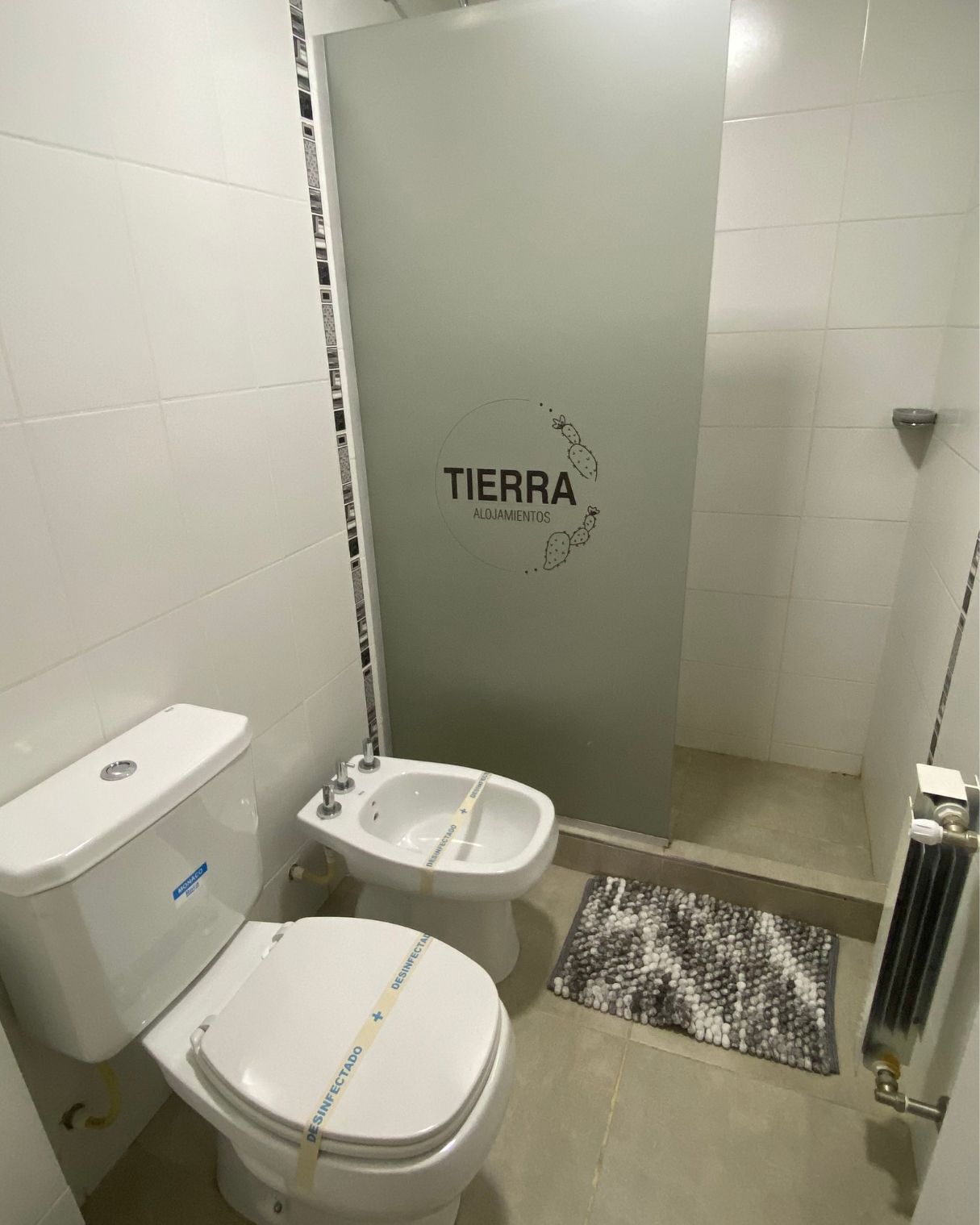 A bathroom with a toilet a bidet and a shower with the word tierra on the wall