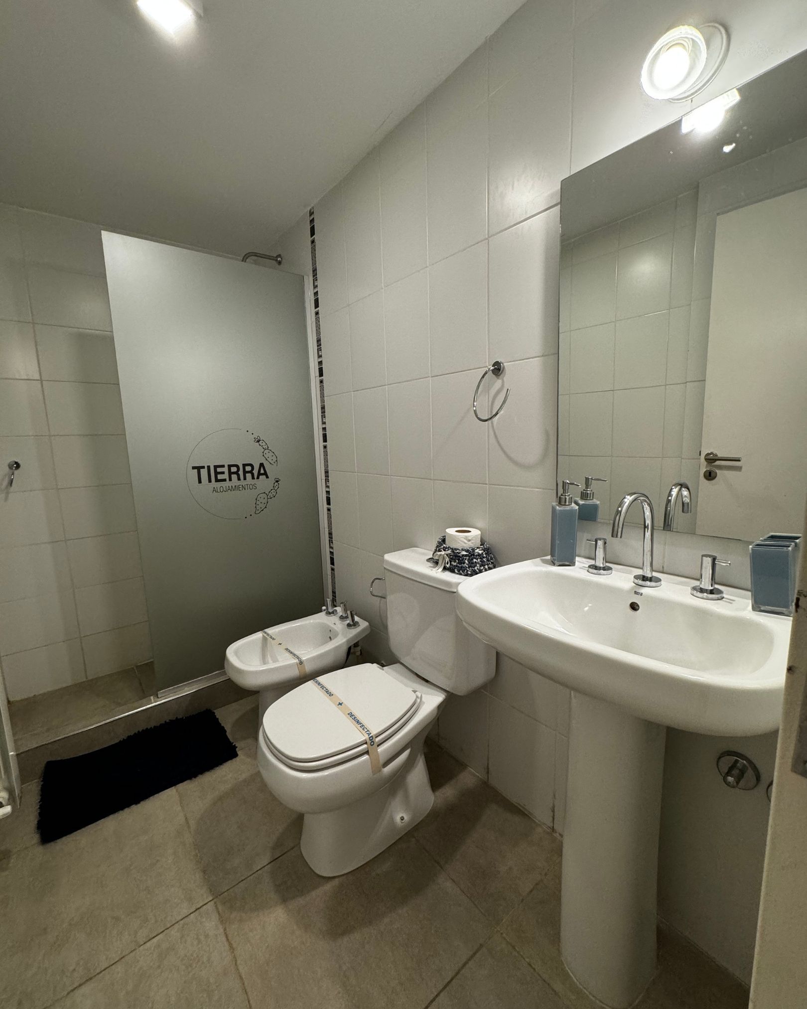 A bathroom with a toilet , sink and bidet