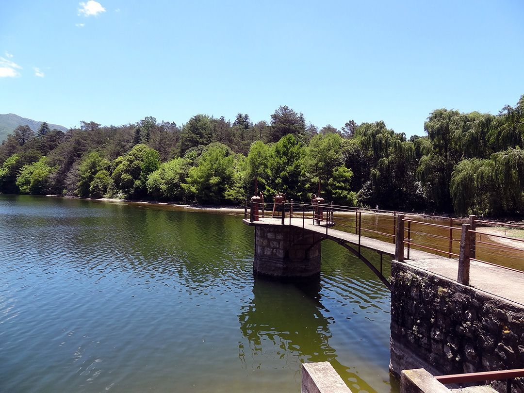 A bridge over a lake with trees in the background