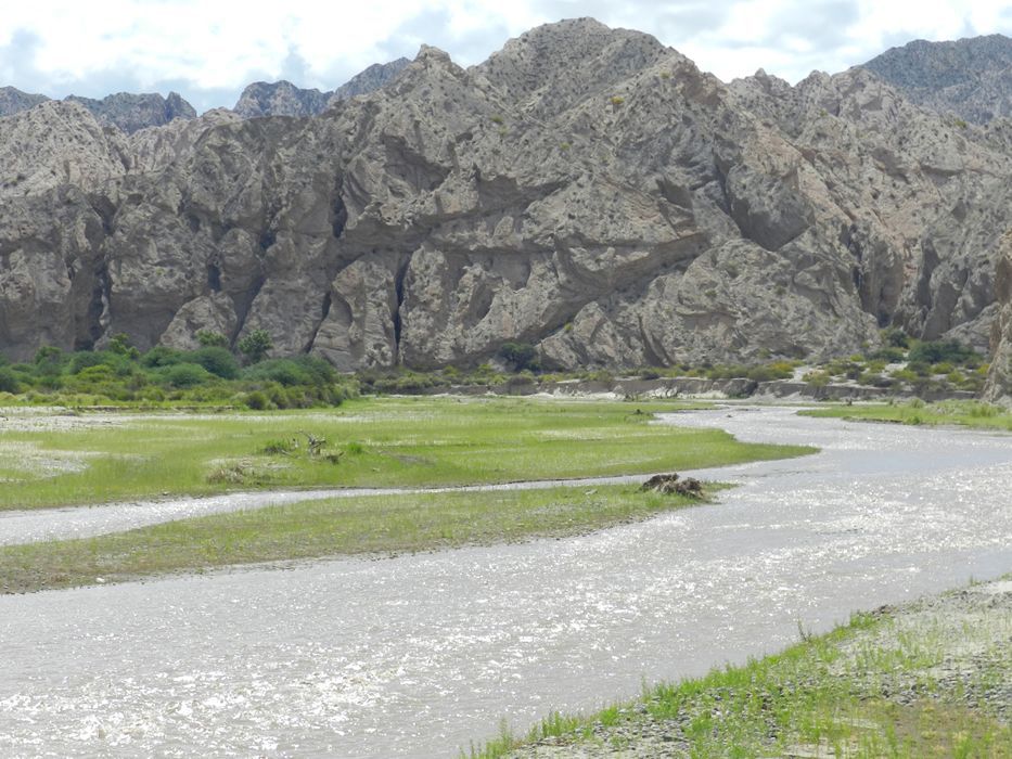A river flowing through a grassy field with mountains in the background