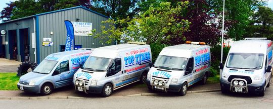 Top Tyres vans for tyre sales, auto servicing and vehicle repairs in Auchtermuchty