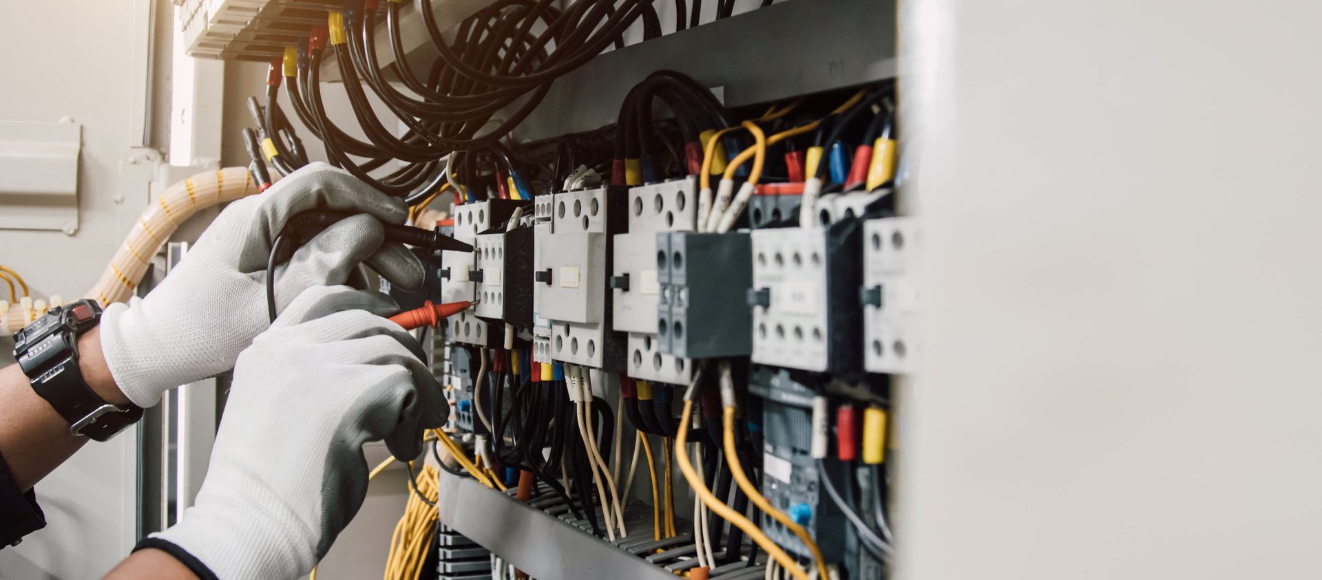 Un technicien portant des gants de travail blancs utilise un multimètre pour tester les composants électriques à l'intérieur d'un panneau de commande.