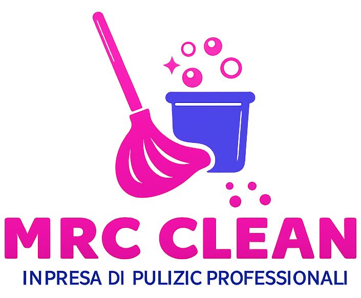 Logo: mocio rosa e secchio blu con bolle, testo