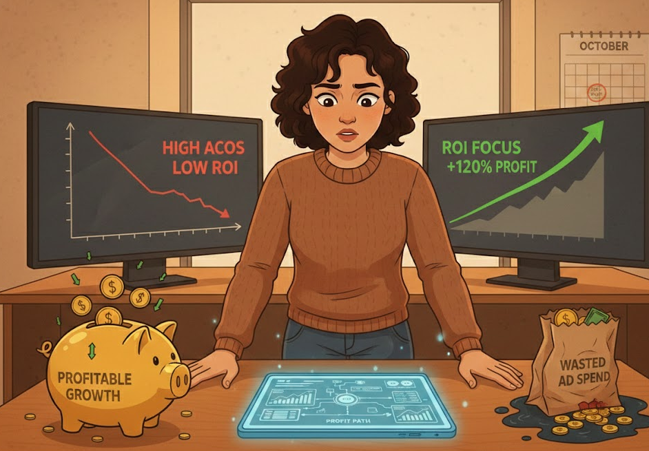 Woman at desk, conflicted, with two monitors. One shows declining ROI, the other shows rising profit. Piggy bank and wasted money.