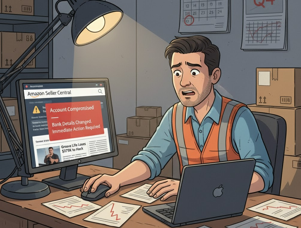 A concerned looking Amazon seller realizing that his Amazon account was hacked