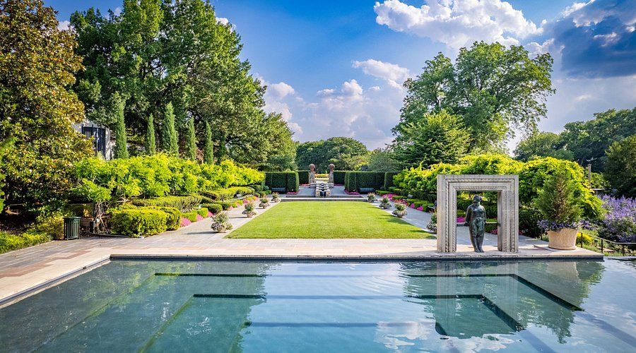 There is a large pool in the middle of a garden surrounded by trees.