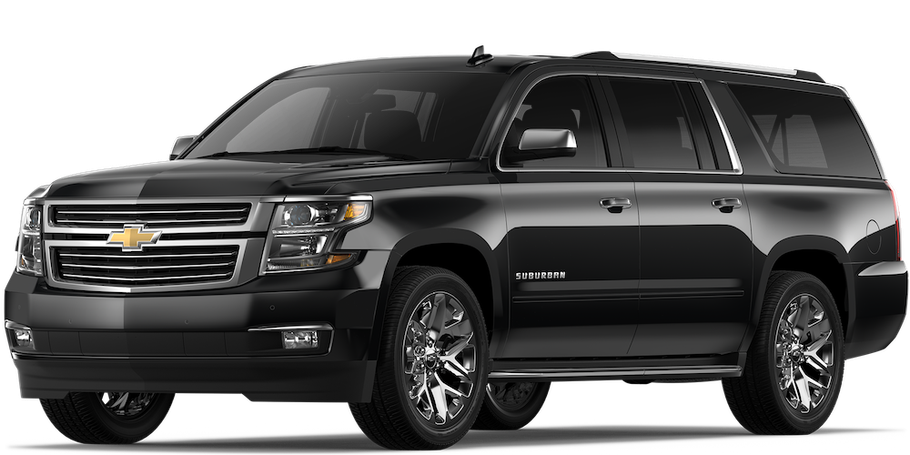 A black chevrolet suburban suv is parked on a white background.