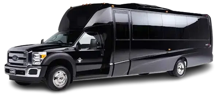 A black shuttle bus is parked on a white background.