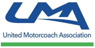 A blue and green logo for the united motorcoach association