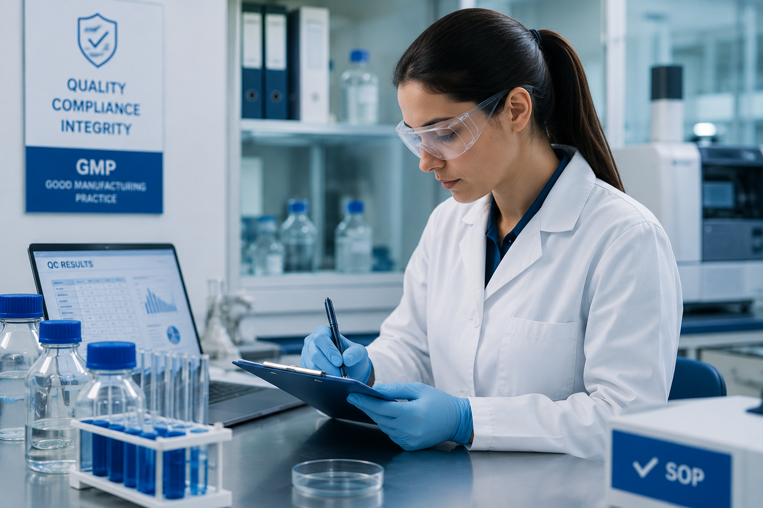 QA Associate Laboratory Pharmaceutical GMP avec microscope, verrerie laboratoire et design corporate bleu