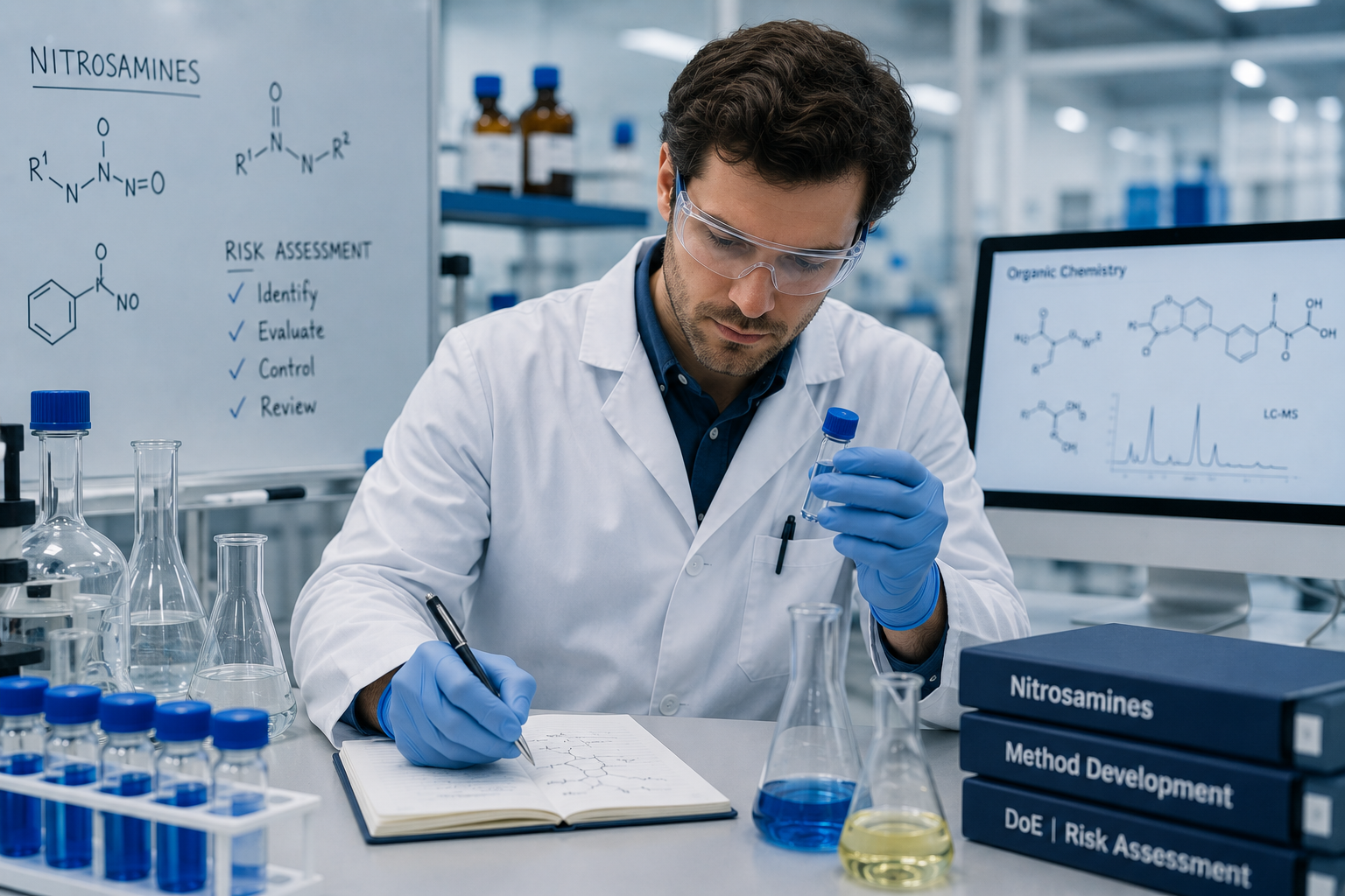 Scientist Organic Chemistry and Nitrosamines avec structures chimiques et laboratoire R&D pharmaceutique