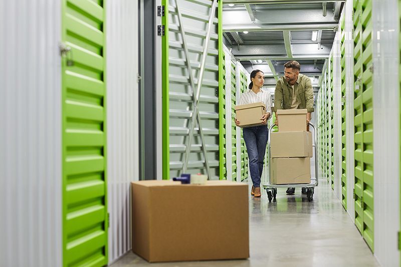 People Carrying Cardboard Boxes In Storage Units