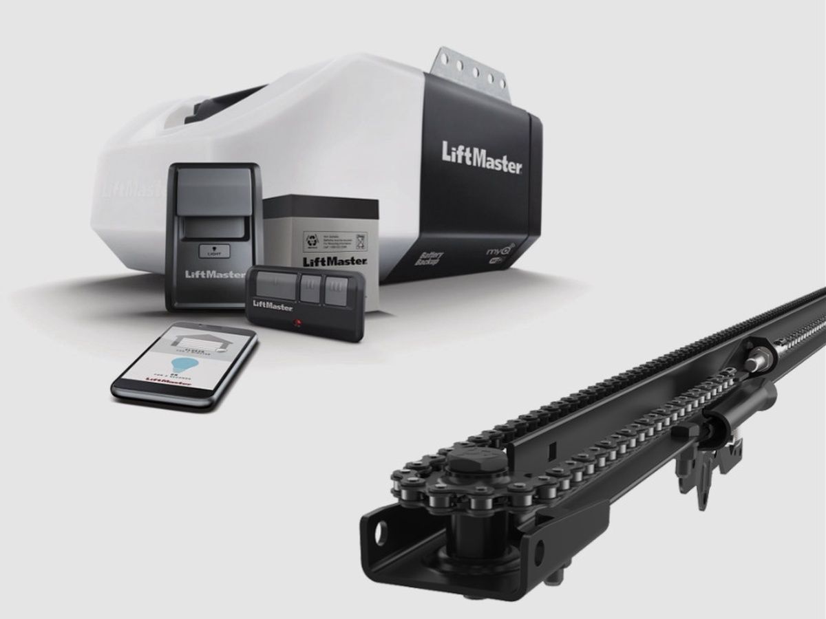 Standard garage door opener with chain drive rail and motor unit