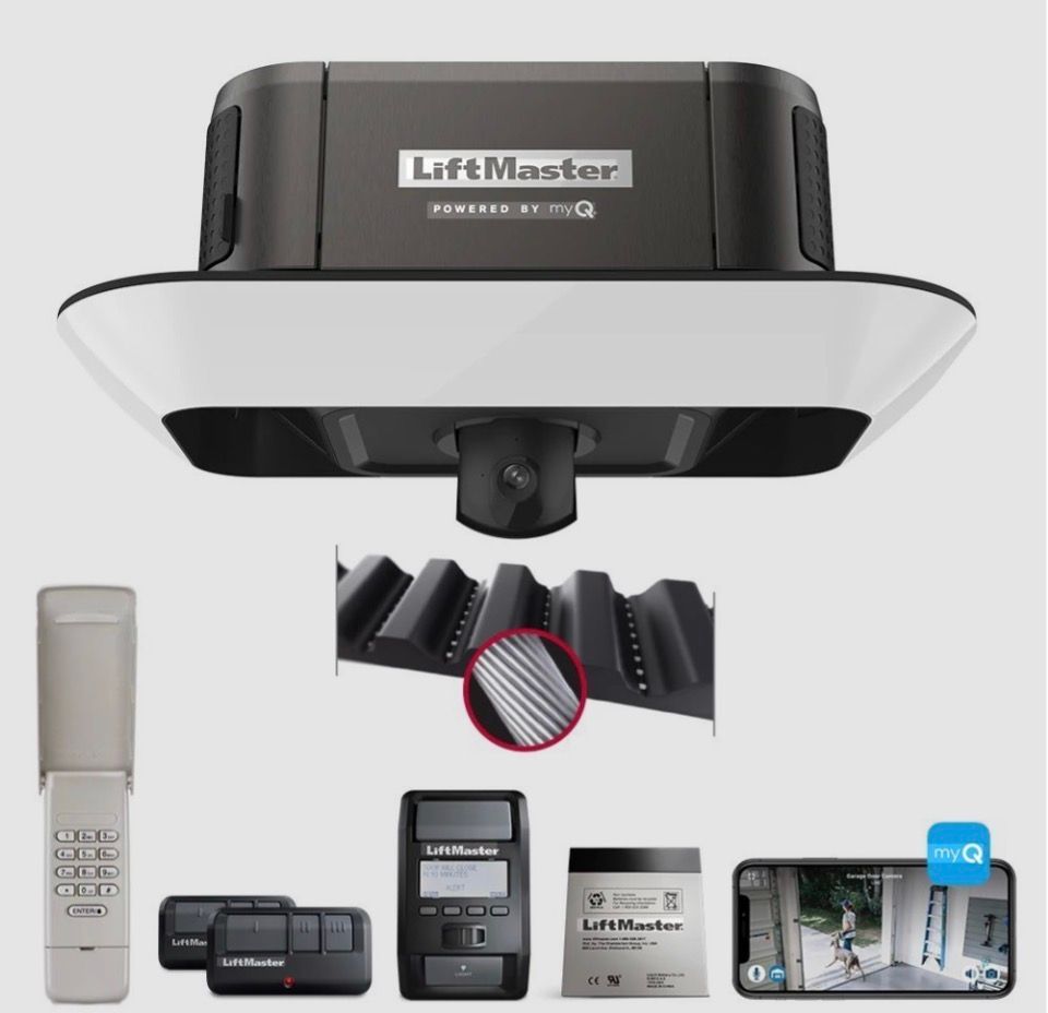 Modern garage door opener with built-in camera, remotes, keypad, and accessories