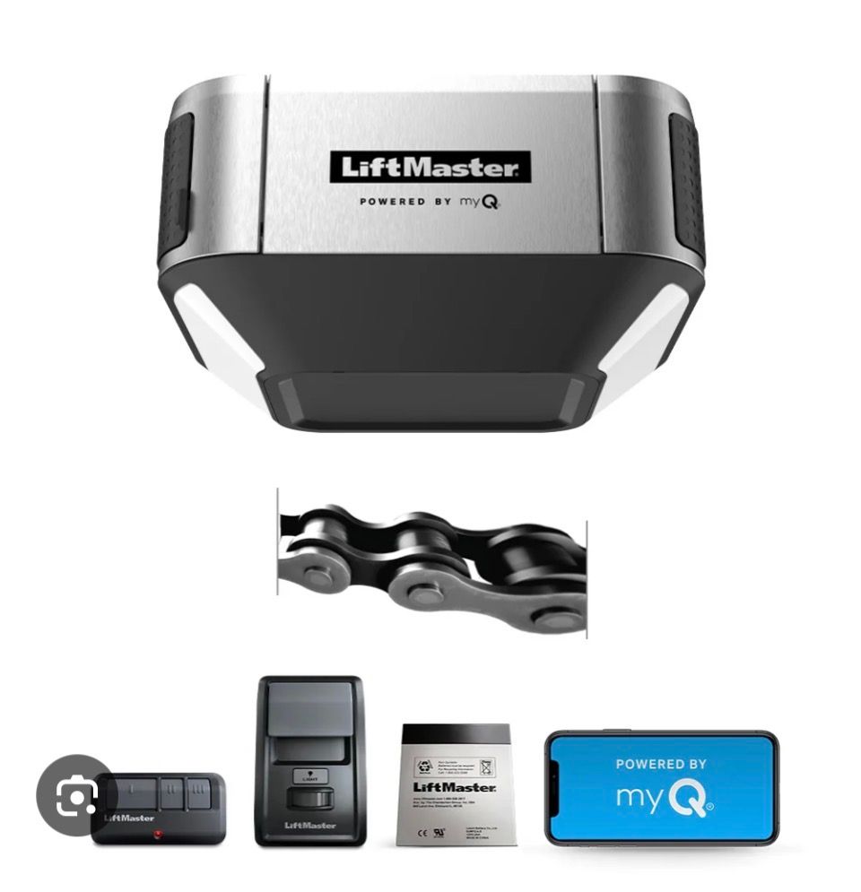 Chain drive garage door opener system with rail, remotes, and keypad accessories