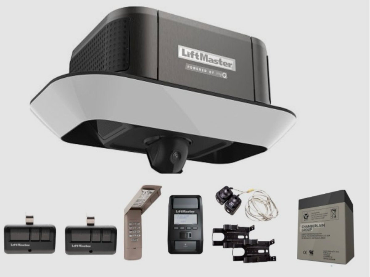 Modern garage door opener with camera, remotes, keypad, wall control, battery backup, and safety sensors