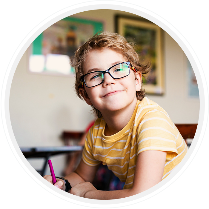 a young child wearing glasses