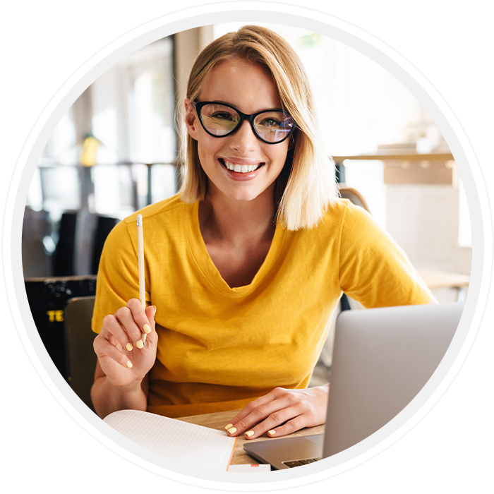 a blonde woman wearing glasses