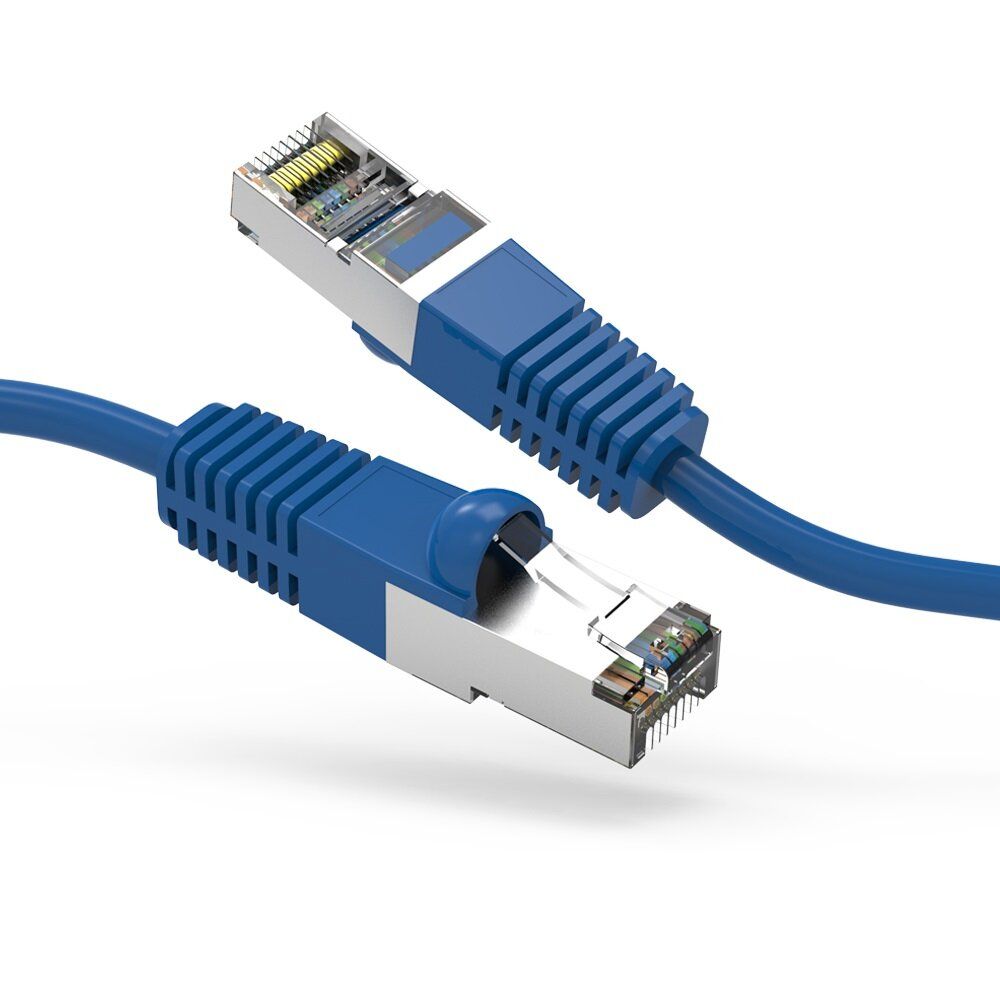 Two blue ethernet cables are connected to each other on a white background.