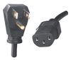 A close up of a power cord and plug on a white background.