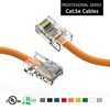 Two yellow Cat5e Ethernet cables with clear connectors, against a plain background.