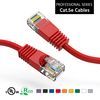 A pair of red ethernet cables on a white background.