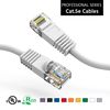 A pair of white ethernet cables on a white background.
