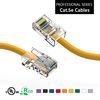 Two yellow Cat5e Ethernet cables with clear connectors, against a plain background.