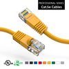 A pair of yellow ethernet cables on a white background.