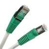Two green-tipped, white Ethernet cables with metal connectors, against a white background.